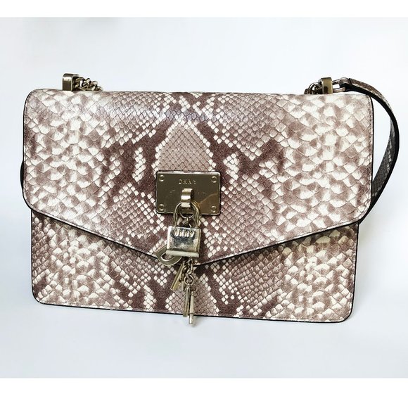 DKNY beige python leather crossbody bag, medium size snake print chain purse - Picture 1 of 12